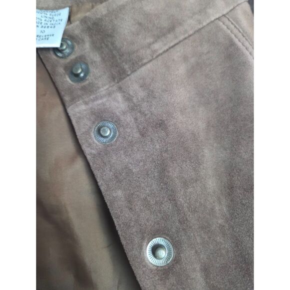 Geoffrey Beene Brown 100% Leather Suede Button Front A-Line Skirt size 10 - Picture 5 of 7